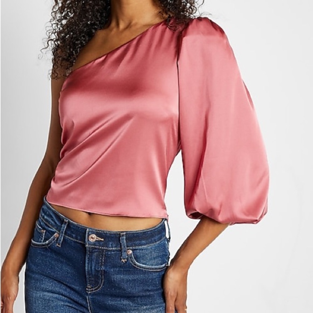 Express Satin One Shoulder Puff Sleeve Top